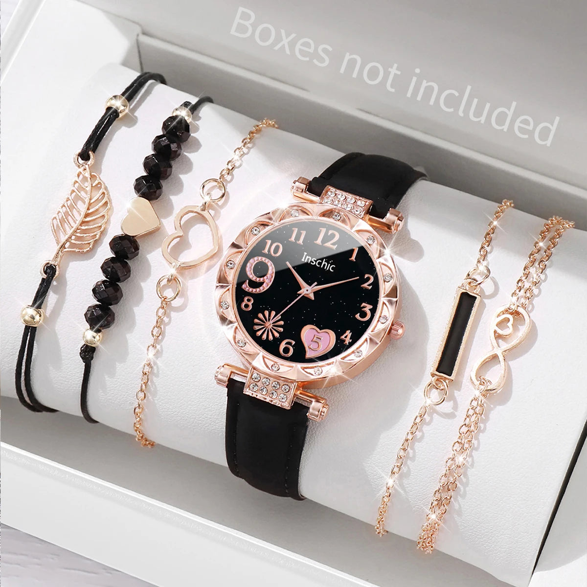 Elegant 6PCS Women’s Heart Dial Quartz Watch & Leaf Bracelet Set