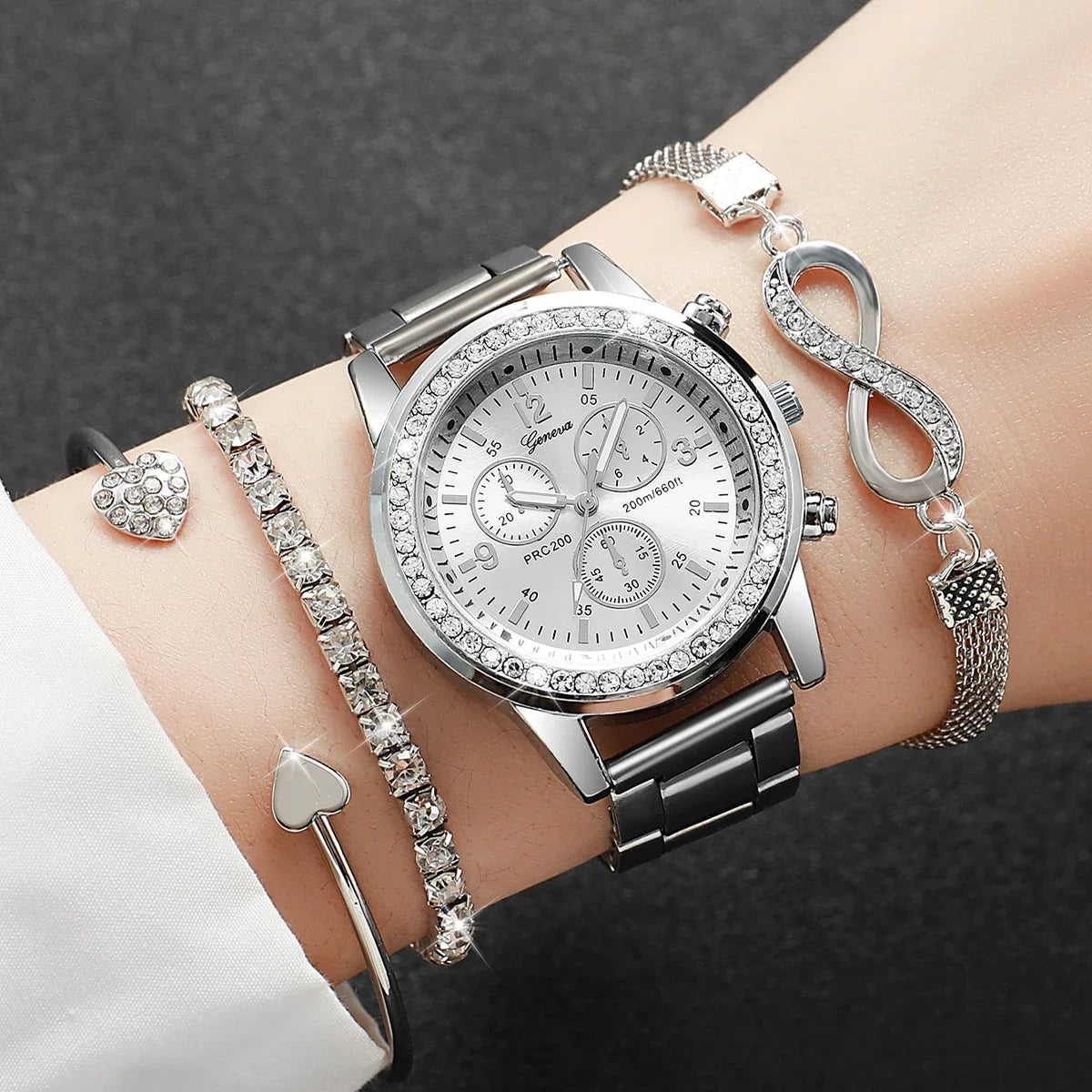 4PCS/Set Luxury Rhinestone Women’s Quartz Watch & Steel Bracelet Set (Without Box)