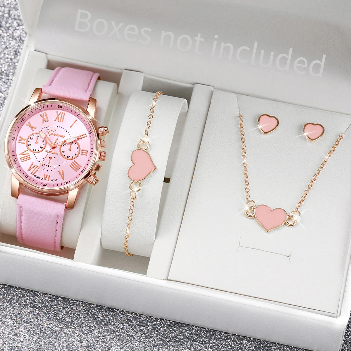 5/6PCS Women’s Quartz Watch & Heart Rhinestone Jewelry Set