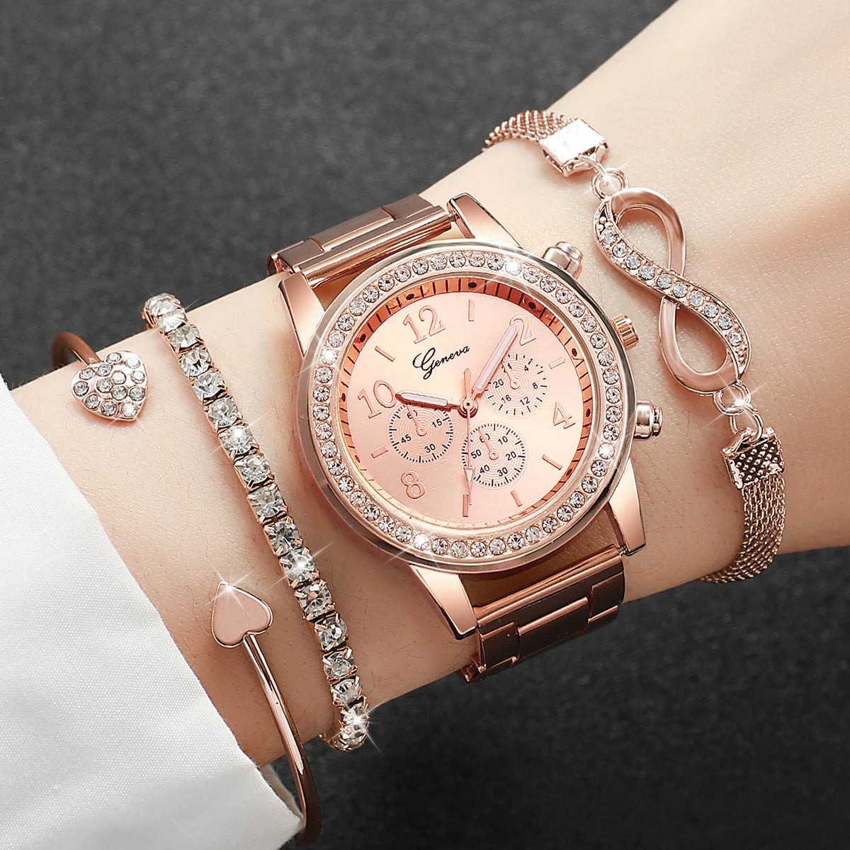 4PCS/Set Luxury Rhinestone Women’s Quartz Watch & Steel Bracelet Set (Without Box)