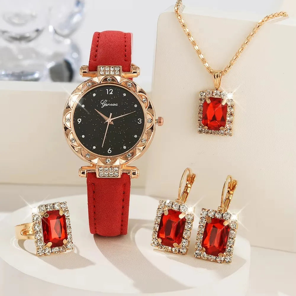 Women’s 5PCS Luxury Rhinestone Quartz Watch & Bracelet Set