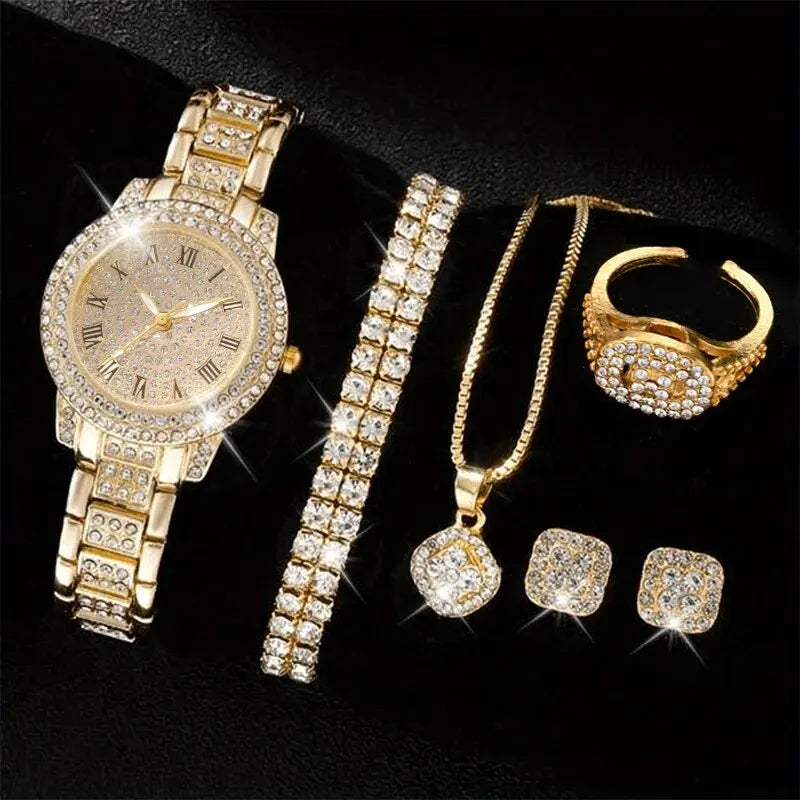 Elegant 6PCS Women’s Crystal Watch & Jewelry Set