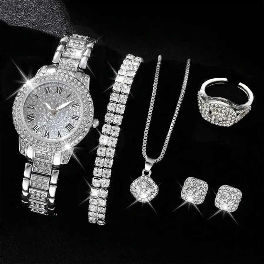Elegant 6PCS Women’s Crystal Watch & Jewelry Set