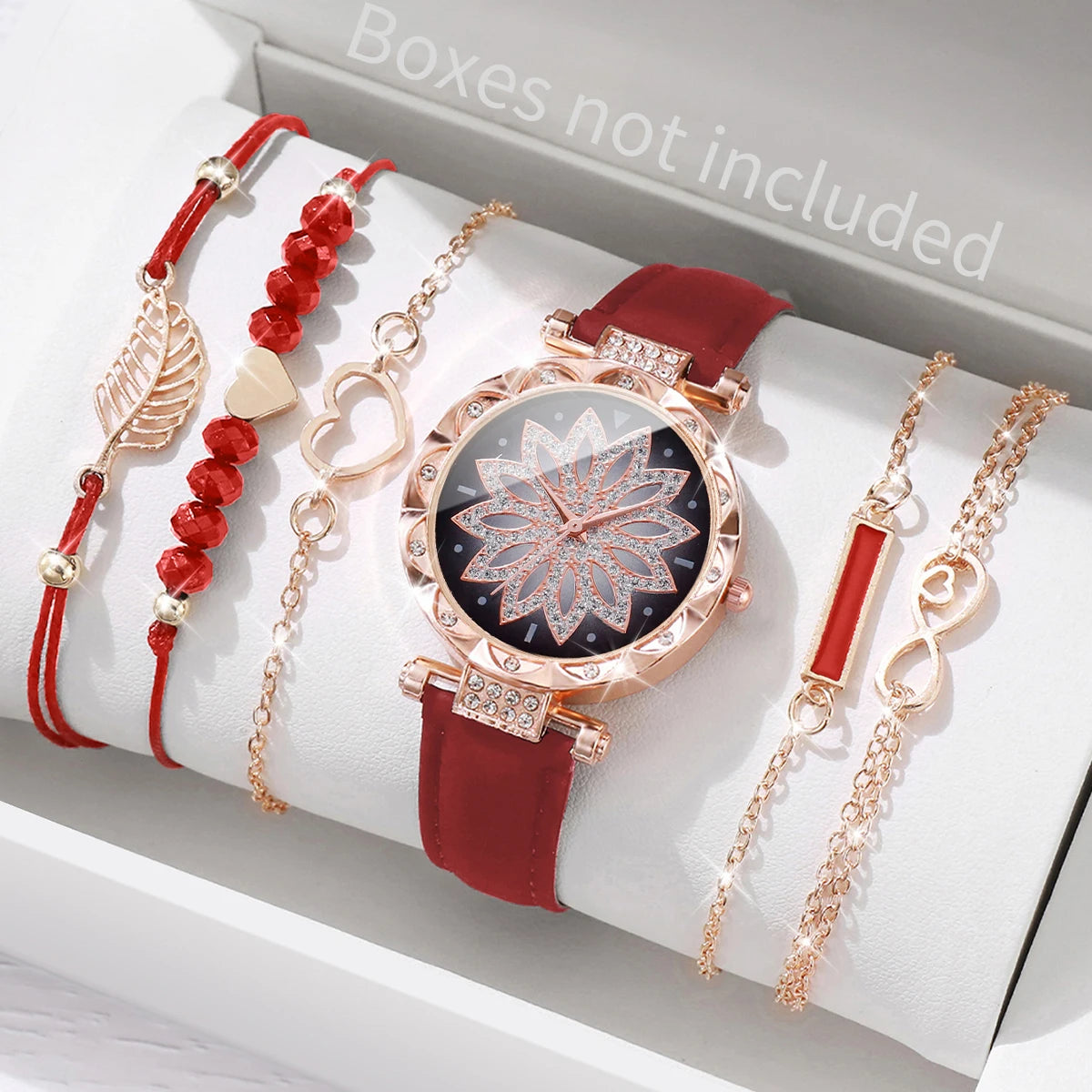 Elegant 6PCS Women’s Heart Dial Quartz Watch & Leaf Bracelet Set