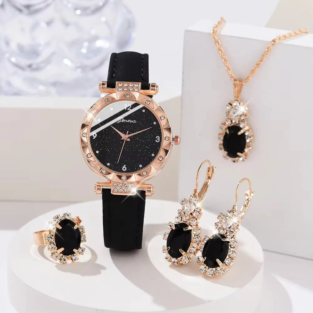 Women’s 5PCS Luxury Rhinestone Quartz Watch & Bracelet Set