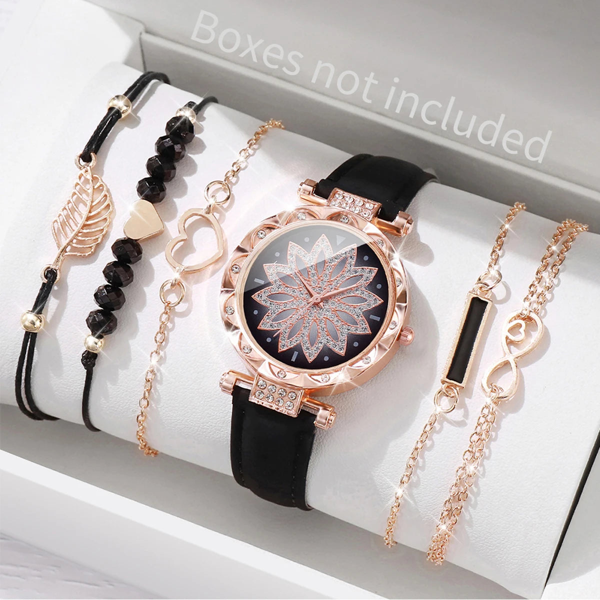 Elegant 6PCS Women’s Heart Dial Quartz Watch & Leaf Bracelet Set