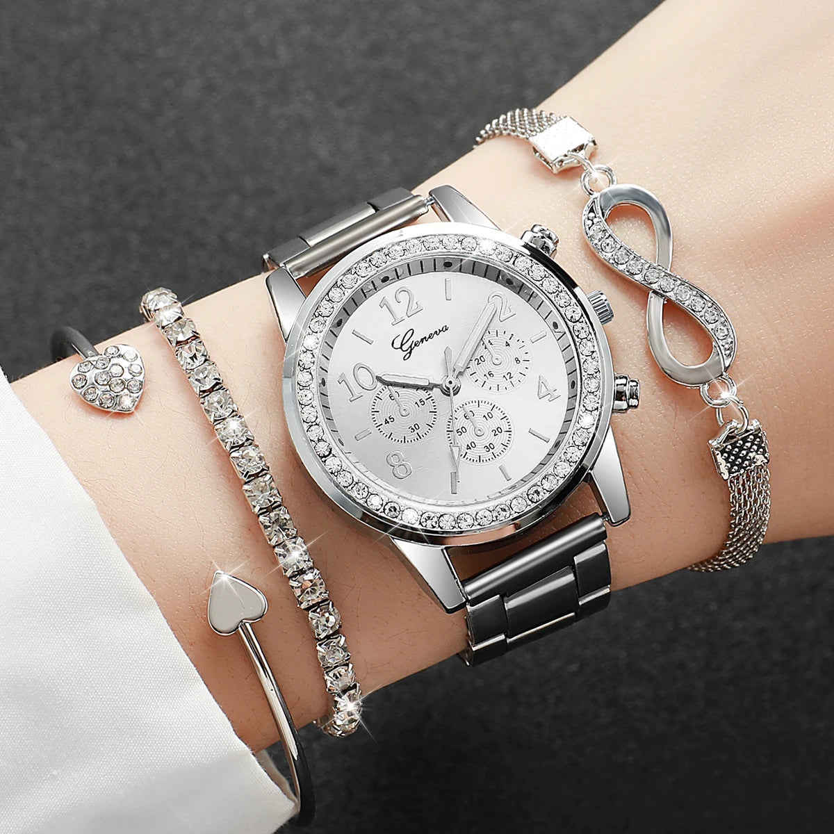 4PCS/Set Luxury Rhinestone Women’s Quartz Watch & Steel Bracelet Set (Without Box)