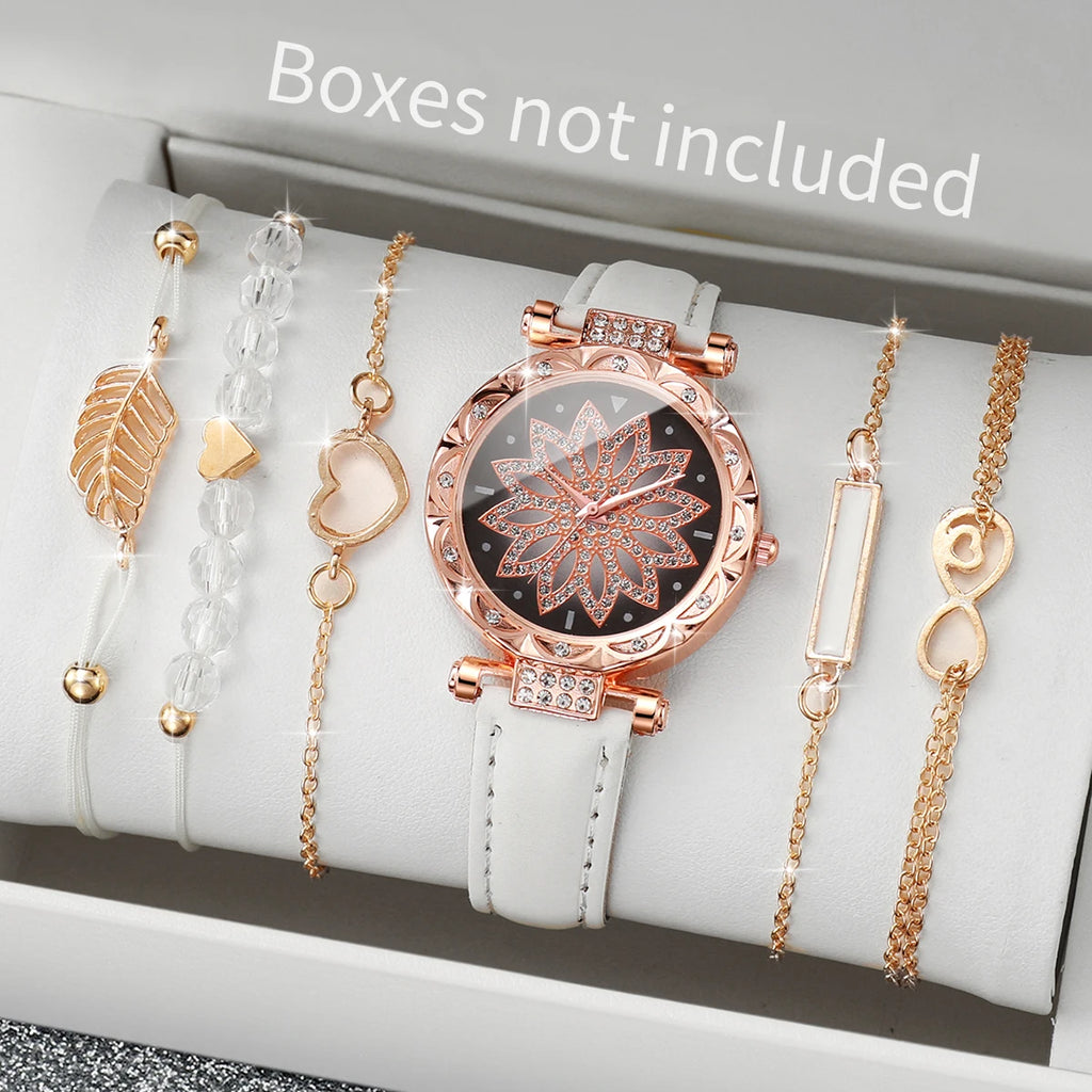 Elegant 6PCS Women’s Heart Dial Quartz Watch & Leaf Bracelet Set