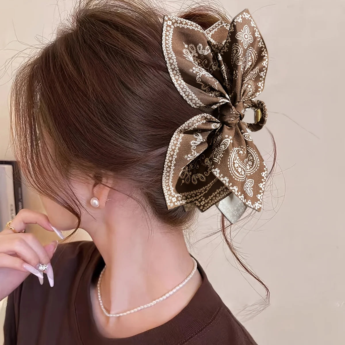 Brown Cashew Flower Bow Hair Claw Clip for Women