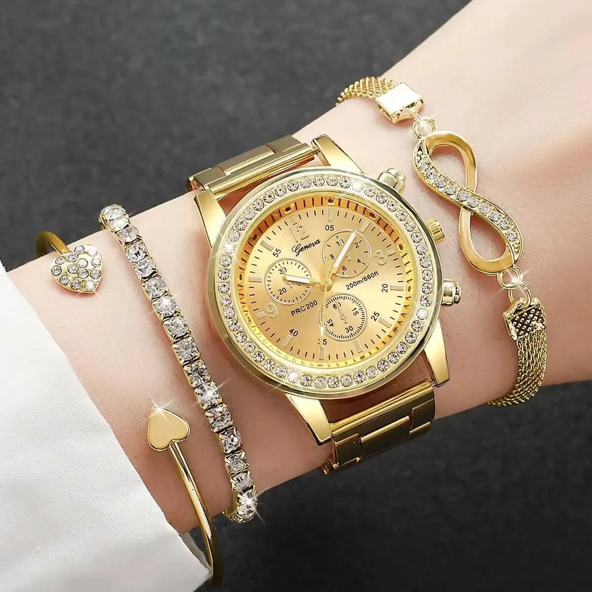 4PCS/Set Luxury Rhinestone Women’s Quartz Watch & Steel Bracelet Set (Without Box)