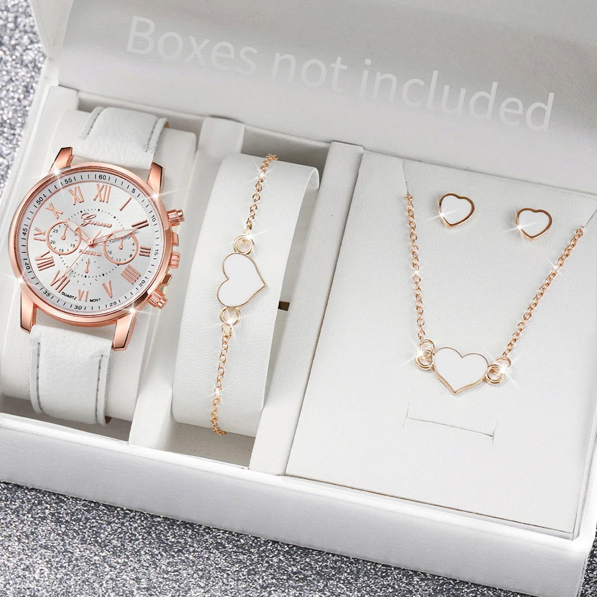 5/6PCS Women’s Quartz Watch & Heart Rhinestone Jewelry Set