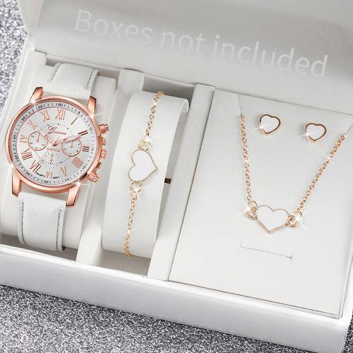 5/6PCS Women’s Quartz Watch & Heart Rhinestone Jewelry Set