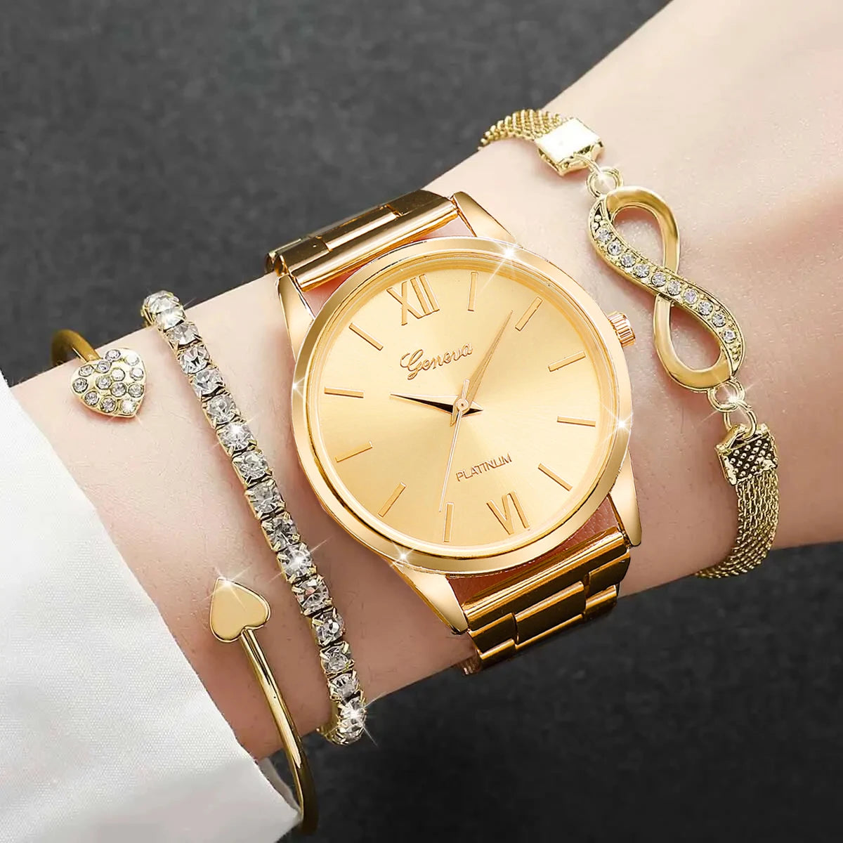 4PCS/Set Luxury Rhinestone Women’s Quartz Watch & Steel Bracelet Set (Without Box)