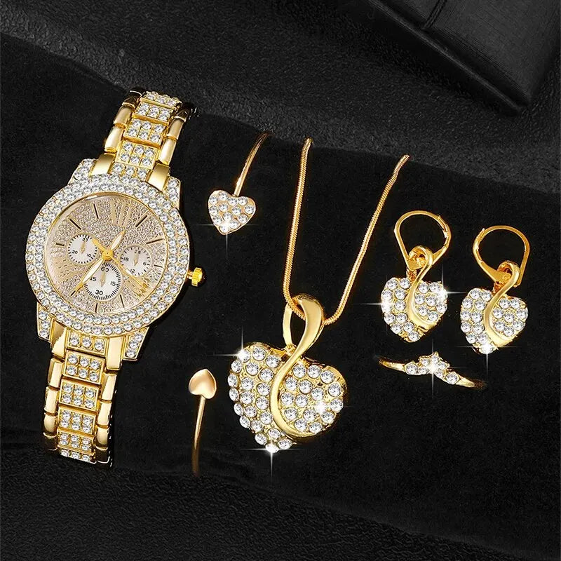 Women’s Gold Quartz Watch & Jewelry Set