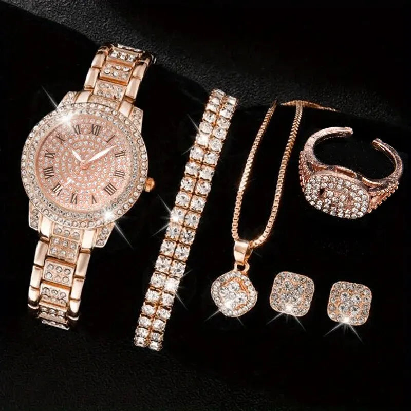 Elegant 6PCS Women’s Crystal Watch & Jewelry Set