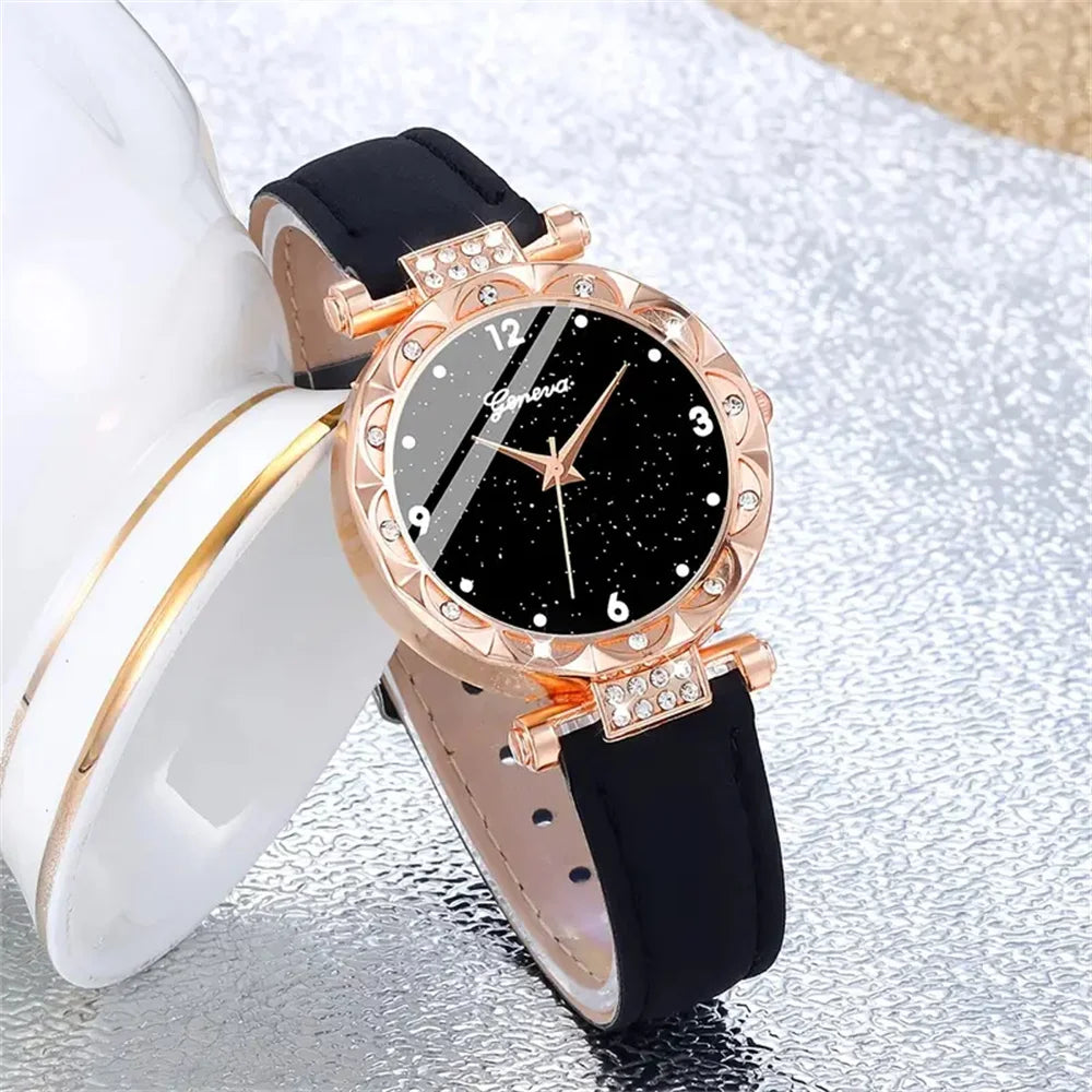 Women’s 5PCS Luxury Rhinestone Quartz Watch & Bracelet Set