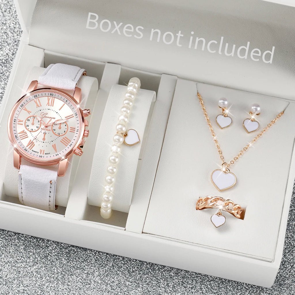 5/6PCS Women’s Quartz Watch & Heart Rhinestone Jewelry Set