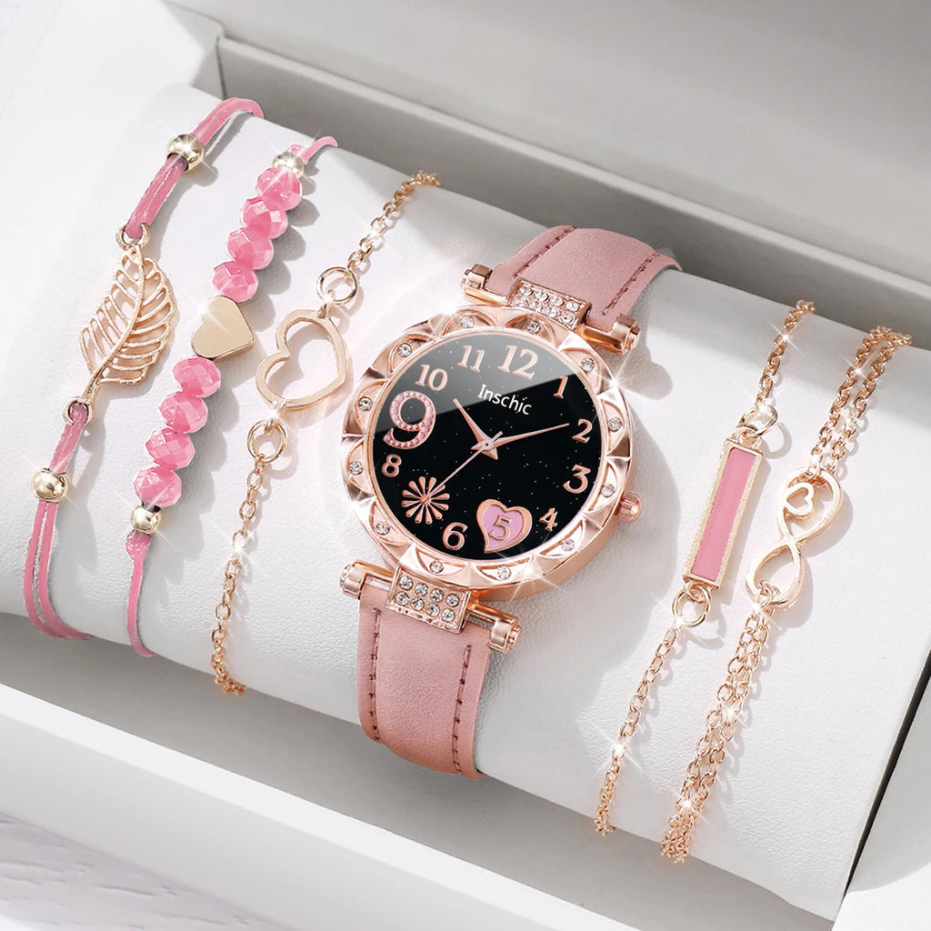 Elegant 6PCS Women’s Heart Dial Quartz Watch & Leaf Bracelet Set