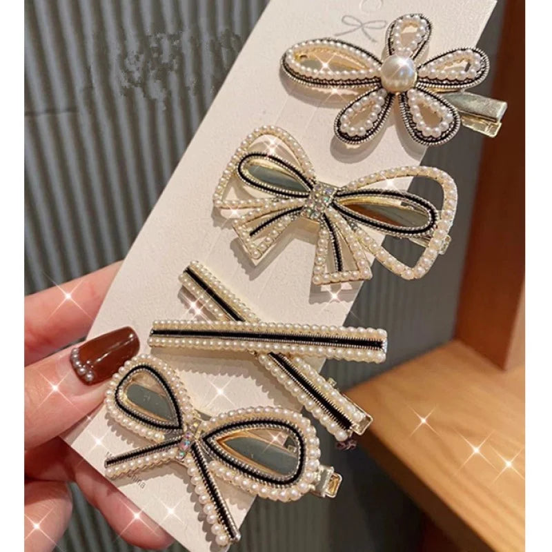 Handmade Pearl & Rhinestone Flower Hairpin Set for Women & Girls