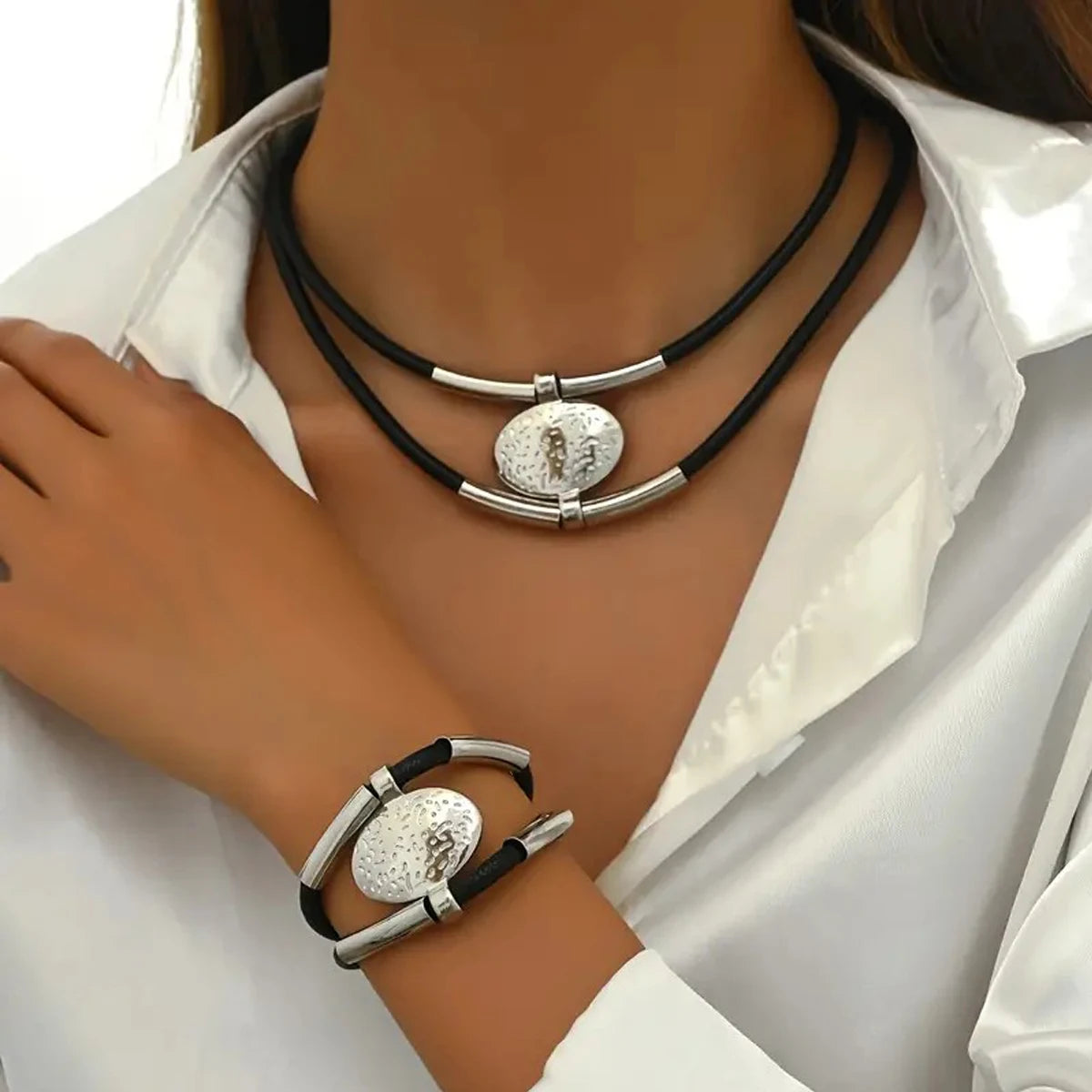 Vintage Oval Metal & Faux Leather Necklace and Bracelet Set