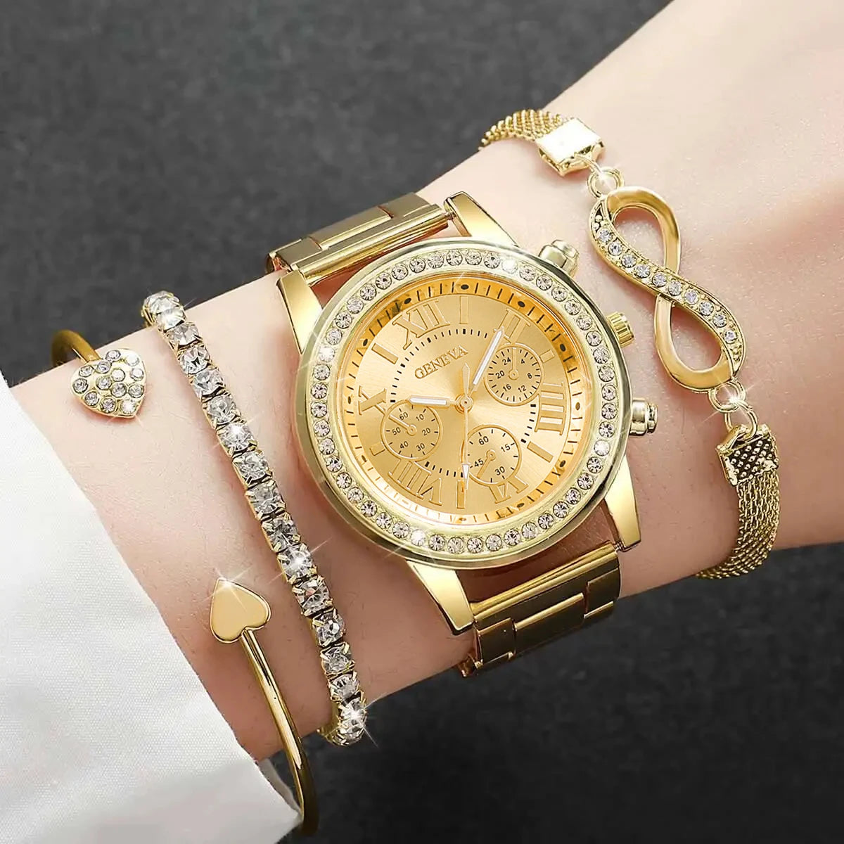 4PCS/Set Luxury Rhinestone Women’s Quartz Watch & Steel Bracelet Set (Without Box)