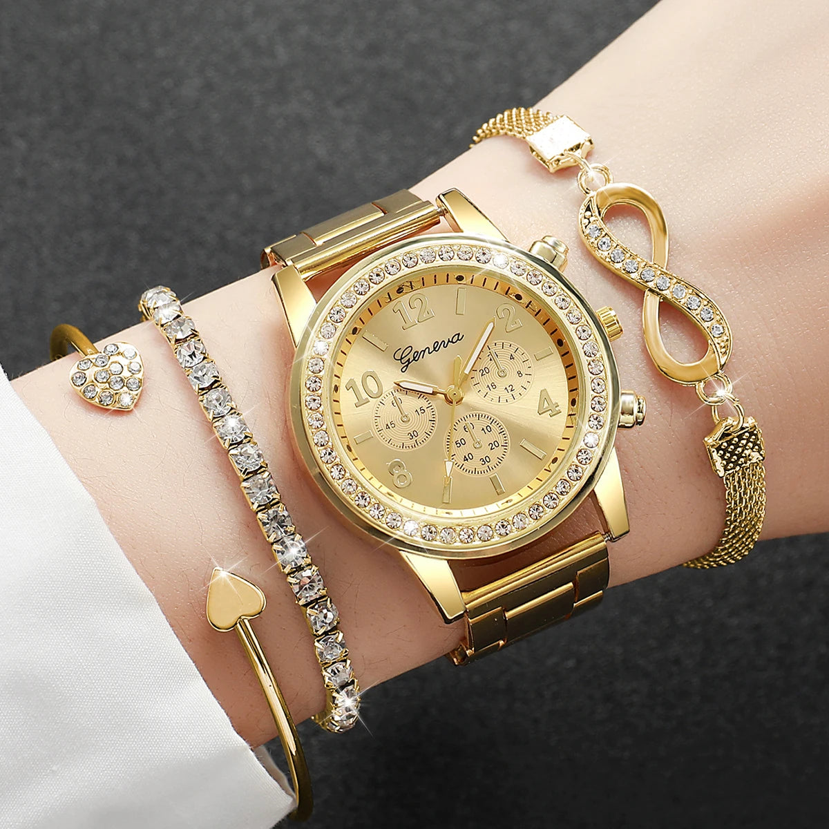 4PCS/Set Luxury Rhinestone Women’s Quartz Watch & Steel Bracelet Set (Without Box)