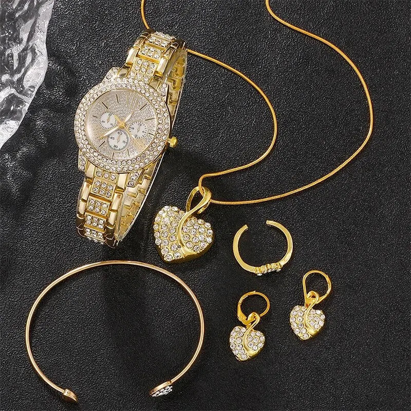Women’s Gold Quartz Watch & Jewelry Set