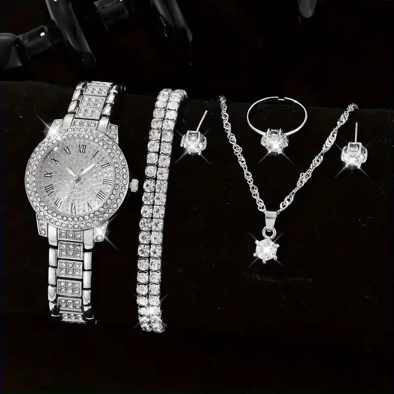 Elegant 6PCS Women’s Crystal Watch & Jewelry Set