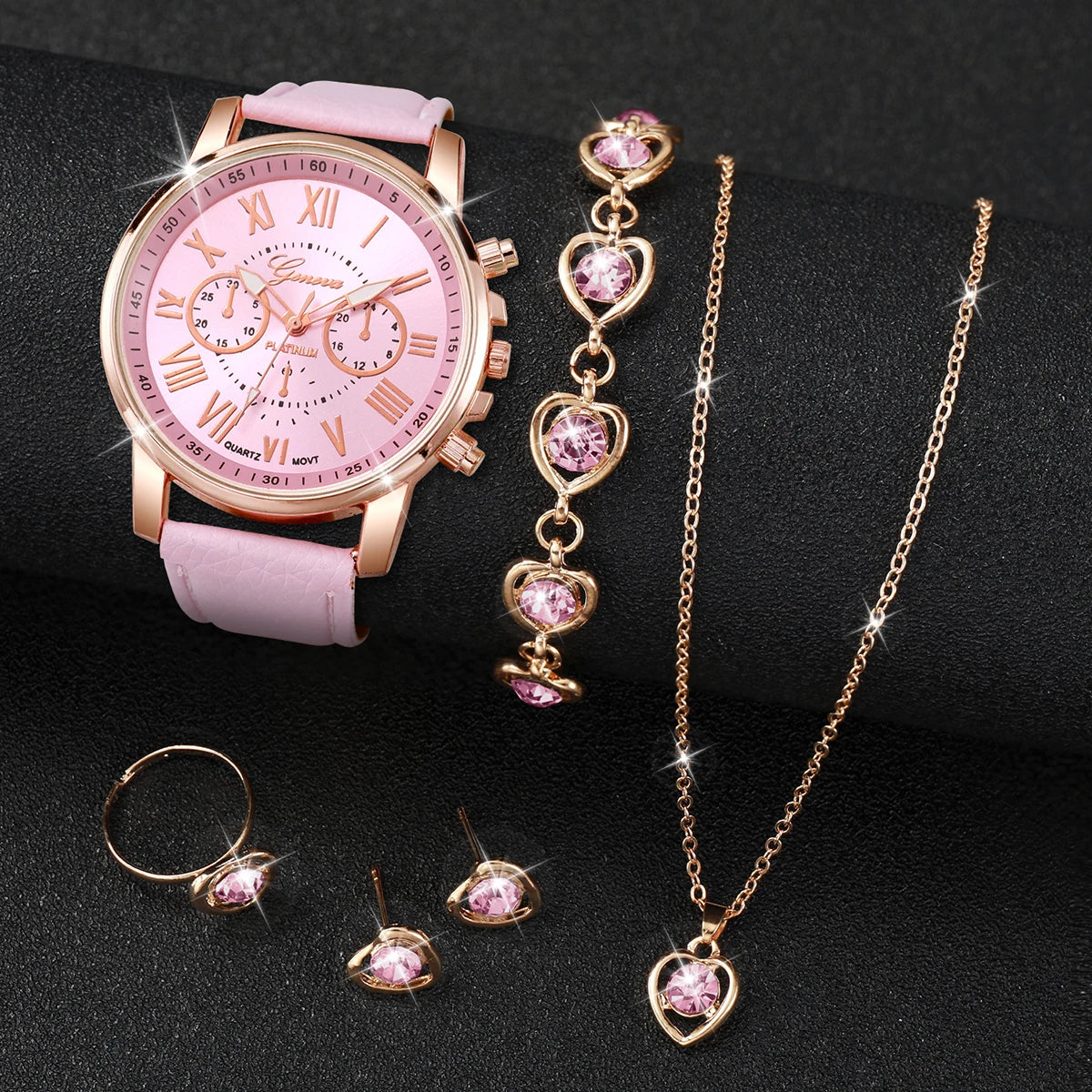 5/6PCS Women’s Quartz Watch & Heart Rhinestone Jewelry Set