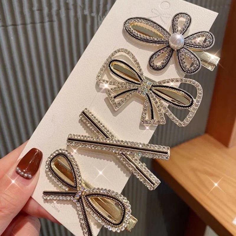 Handmade Pearl & Rhinestone Flower Hairpin Set for Women & Girls