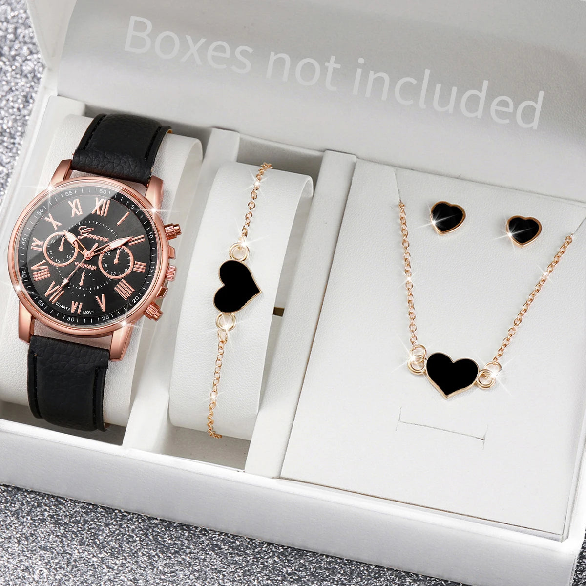 5/6PCS Women’s Quartz Watch & Heart Rhinestone Jewelry Set
