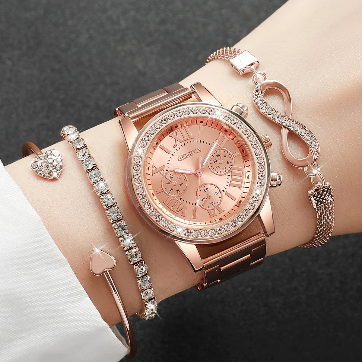 4PCS/Set Luxury Rhinestone Women’s Quartz Watch & Steel Bracelet Set (Without Box)