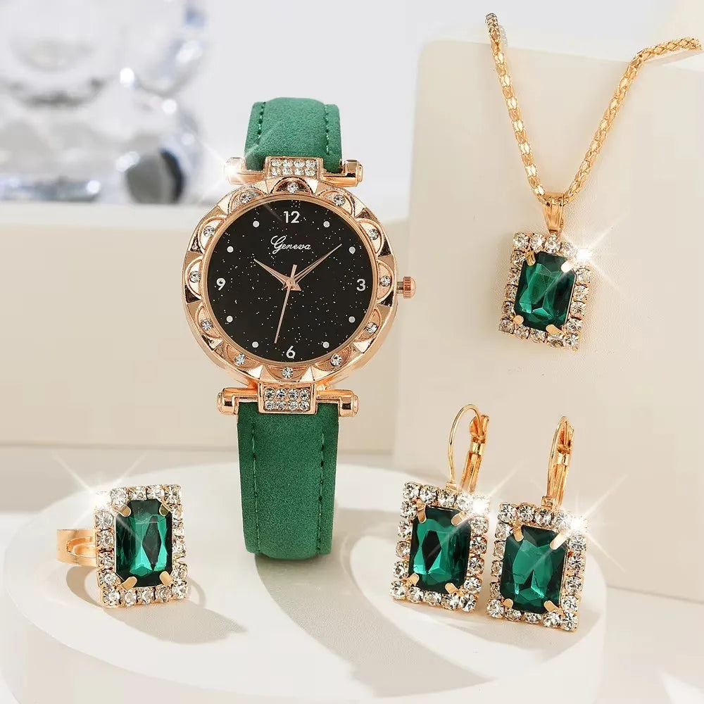 Women’s 5PCS Luxury Rhinestone Quartz Watch & Bracelet Set