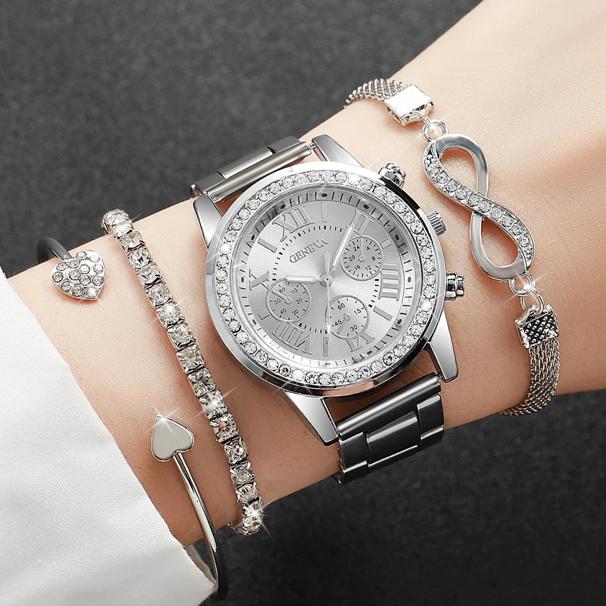4PCS/Set Luxury Rhinestone Women’s Quartz Watch & Steel Bracelet Set (Without Box)