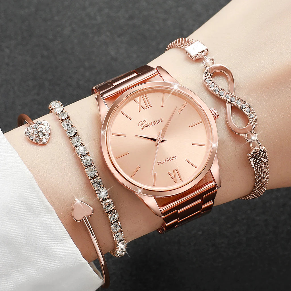 4PCS/Set Luxury Rhinestone Women’s Quartz Watch & Steel Bracelet Set (Without Box)