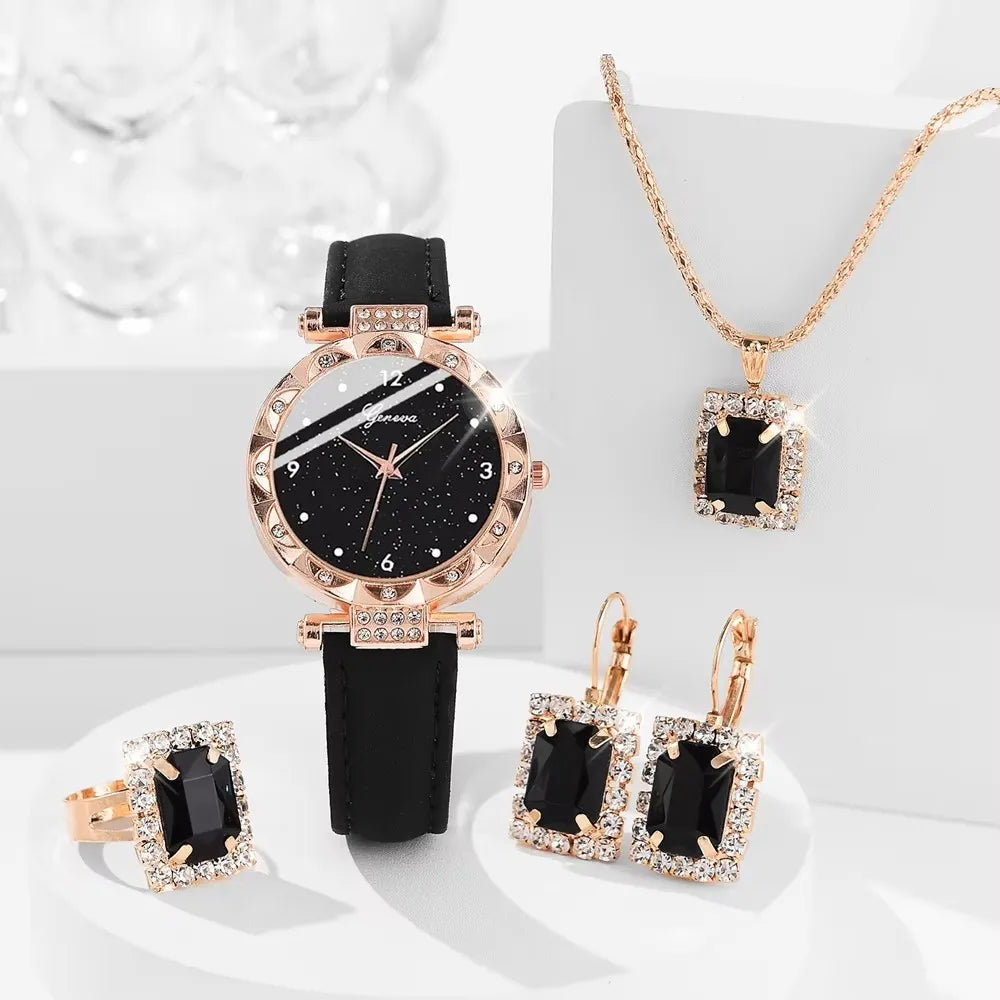 Women’s 5PCS Luxury Rhinestone Quartz Watch & Bracelet Set