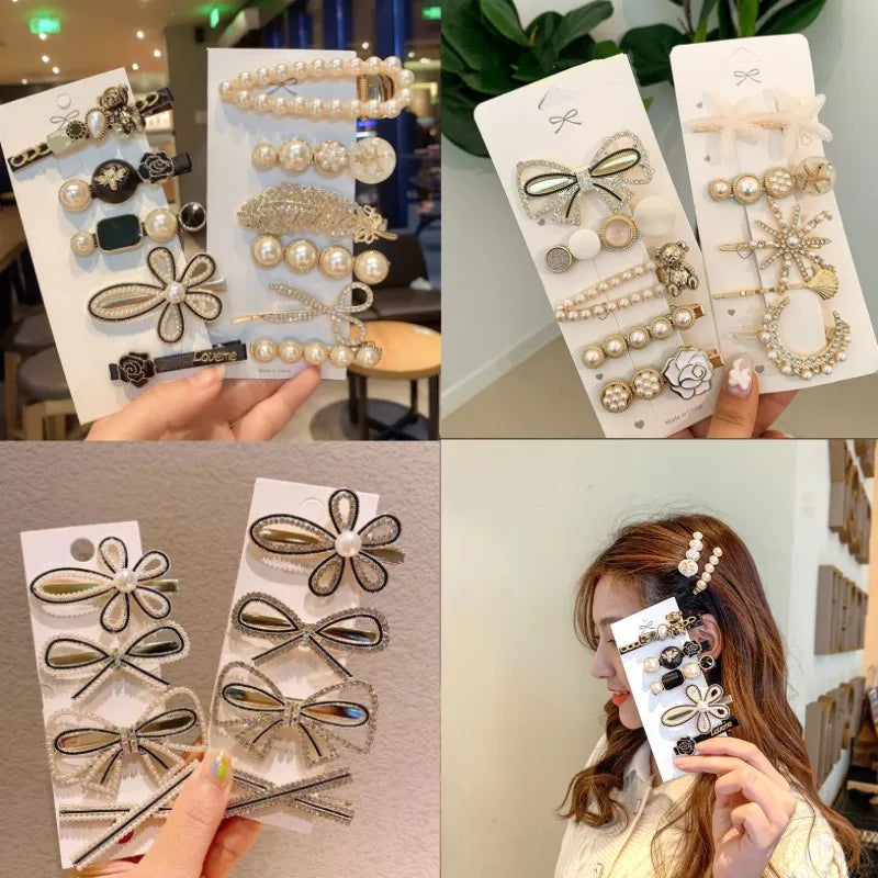 Handmade Pearl & Rhinestone Flower Hairpin Set for Women & Girls