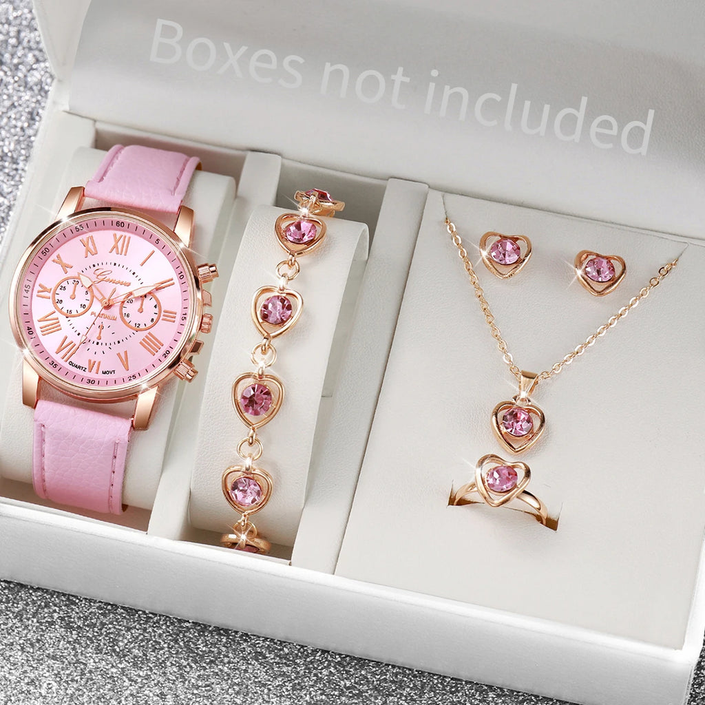 5/6PCS Women’s Quartz Watch & Heart Rhinestone Jewelry Set