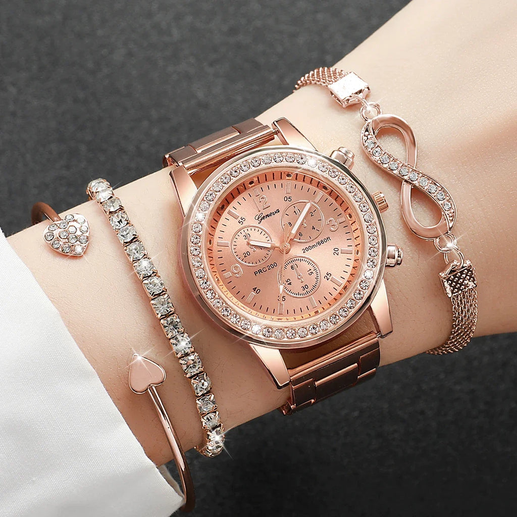 4PCS/Set Luxury Rhinestone Women’s Quartz Watch & Steel Bracelet Set (Without Box)