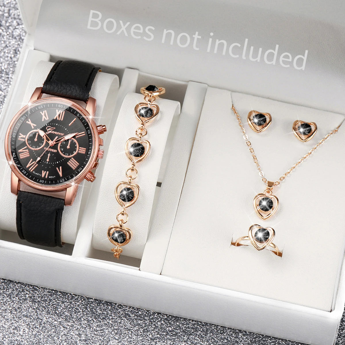 5/6PCS Women’s Quartz Watch & Heart Rhinestone Jewelry Set