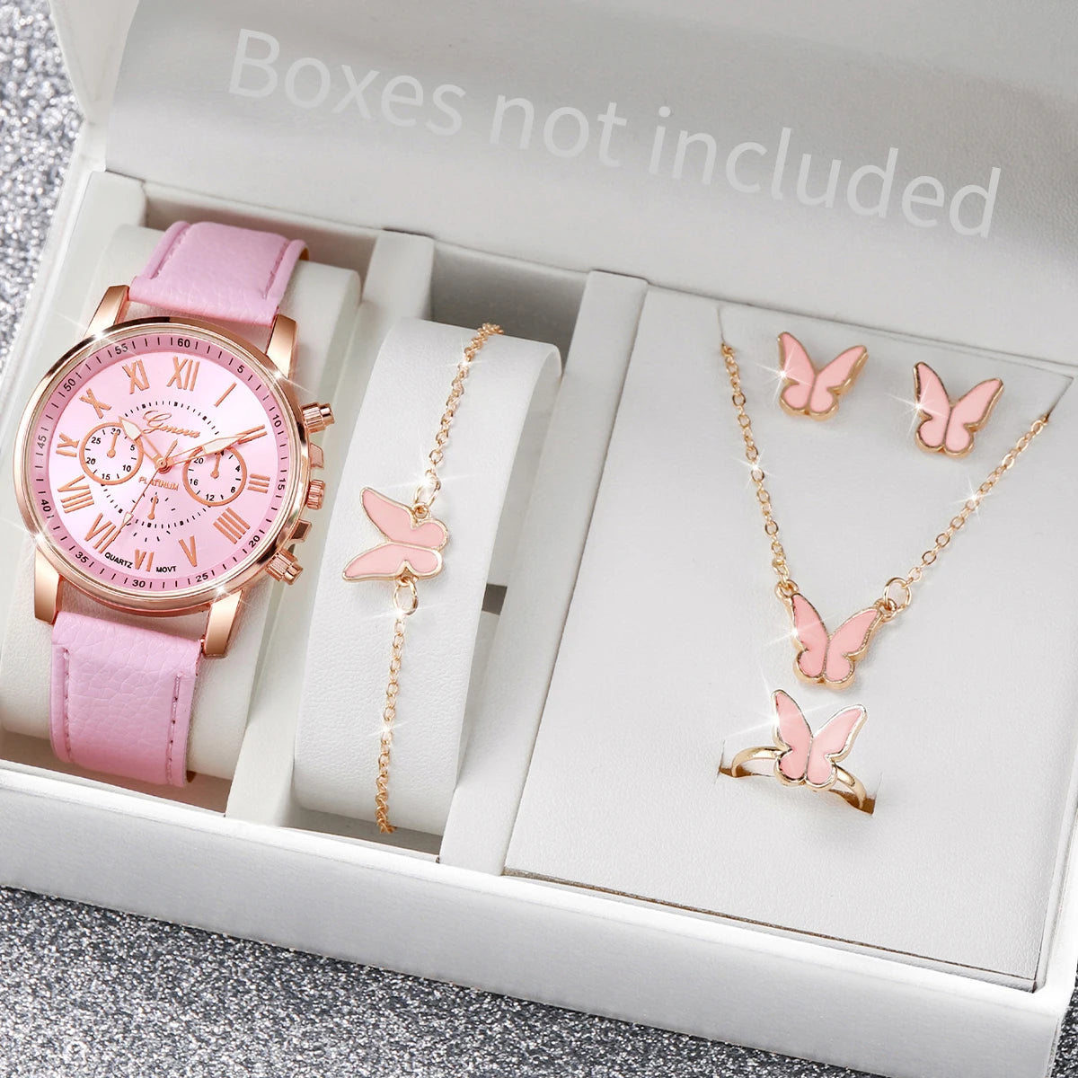 5/6PCS Women’s Quartz Watch & Heart Rhinestone Jewelry Set