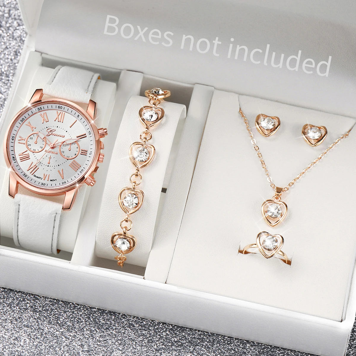 5/6PCS Women’s Quartz Watch & Heart Rhinestone Jewelry Set