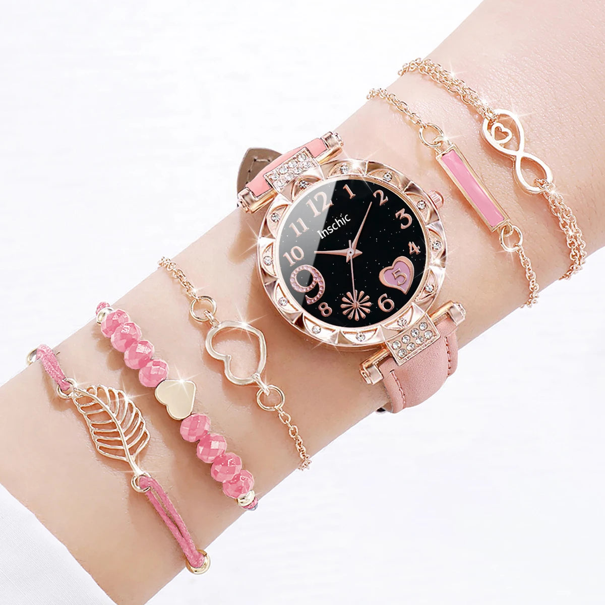 Elegant 6PCS Women’s Heart Dial Quartz Watch & Leaf Bracelet Set