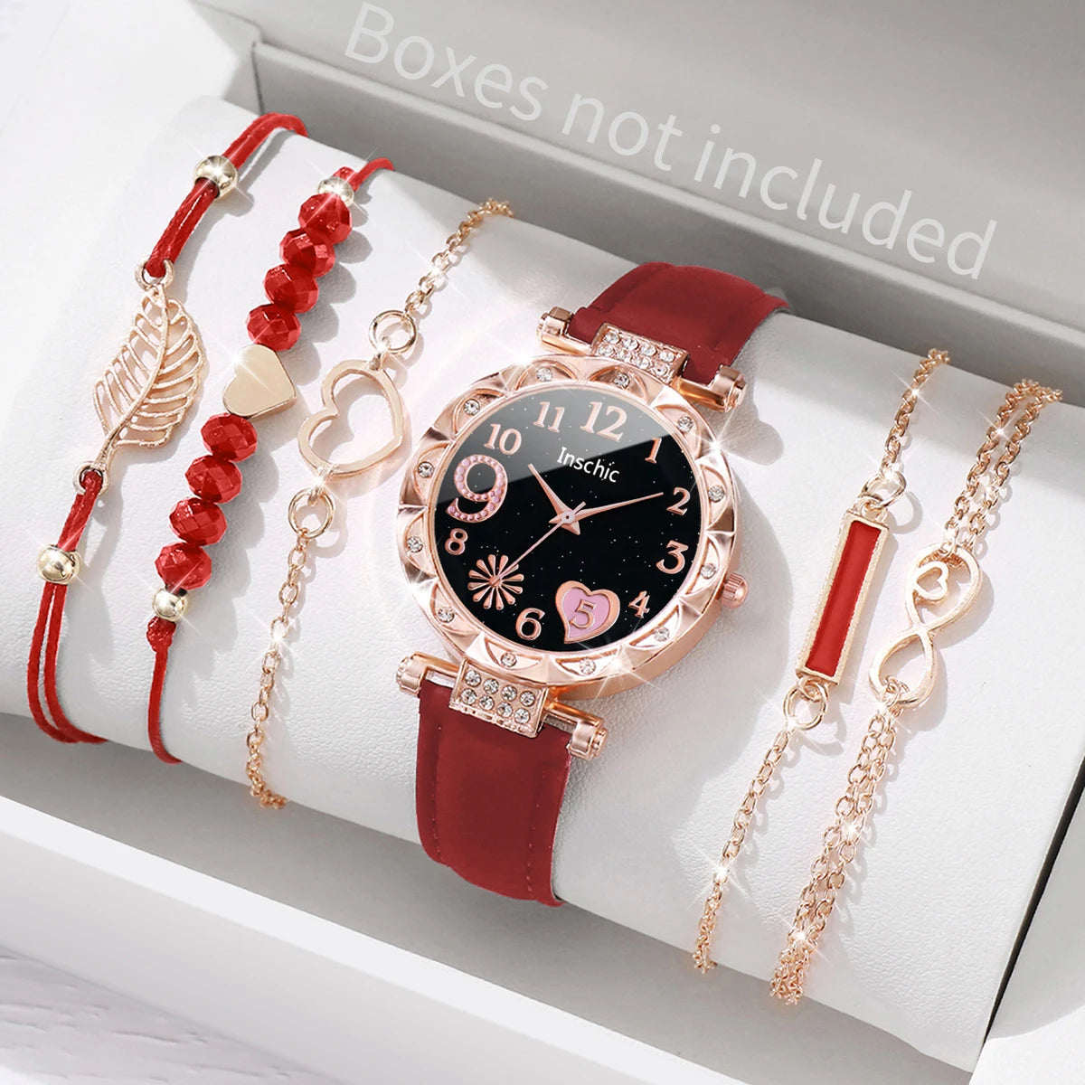 Elegant 6PCS Women’s Heart Dial Quartz Watch & Leaf Bracelet Set
