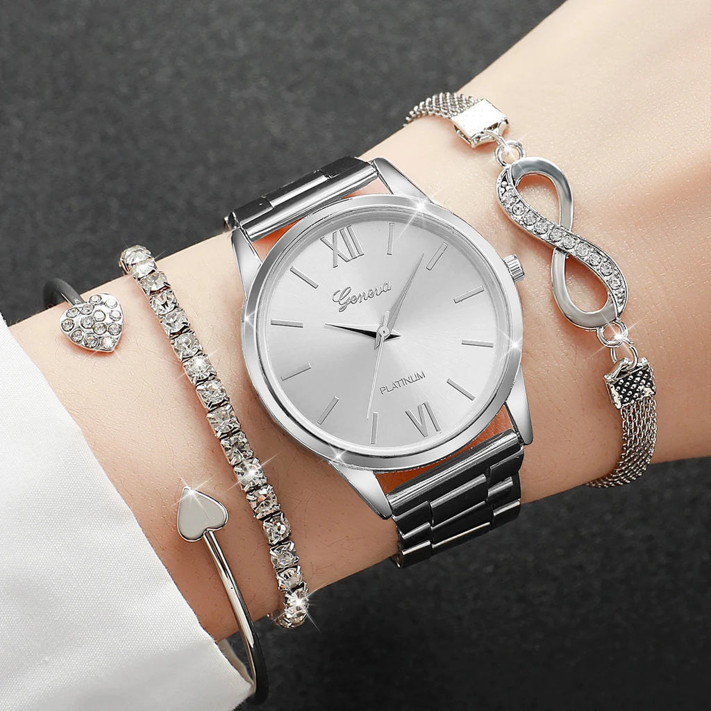 4PCS/Set Luxury Rhinestone Women’s Quartz Watch & Steel Bracelet Set (Without Box)