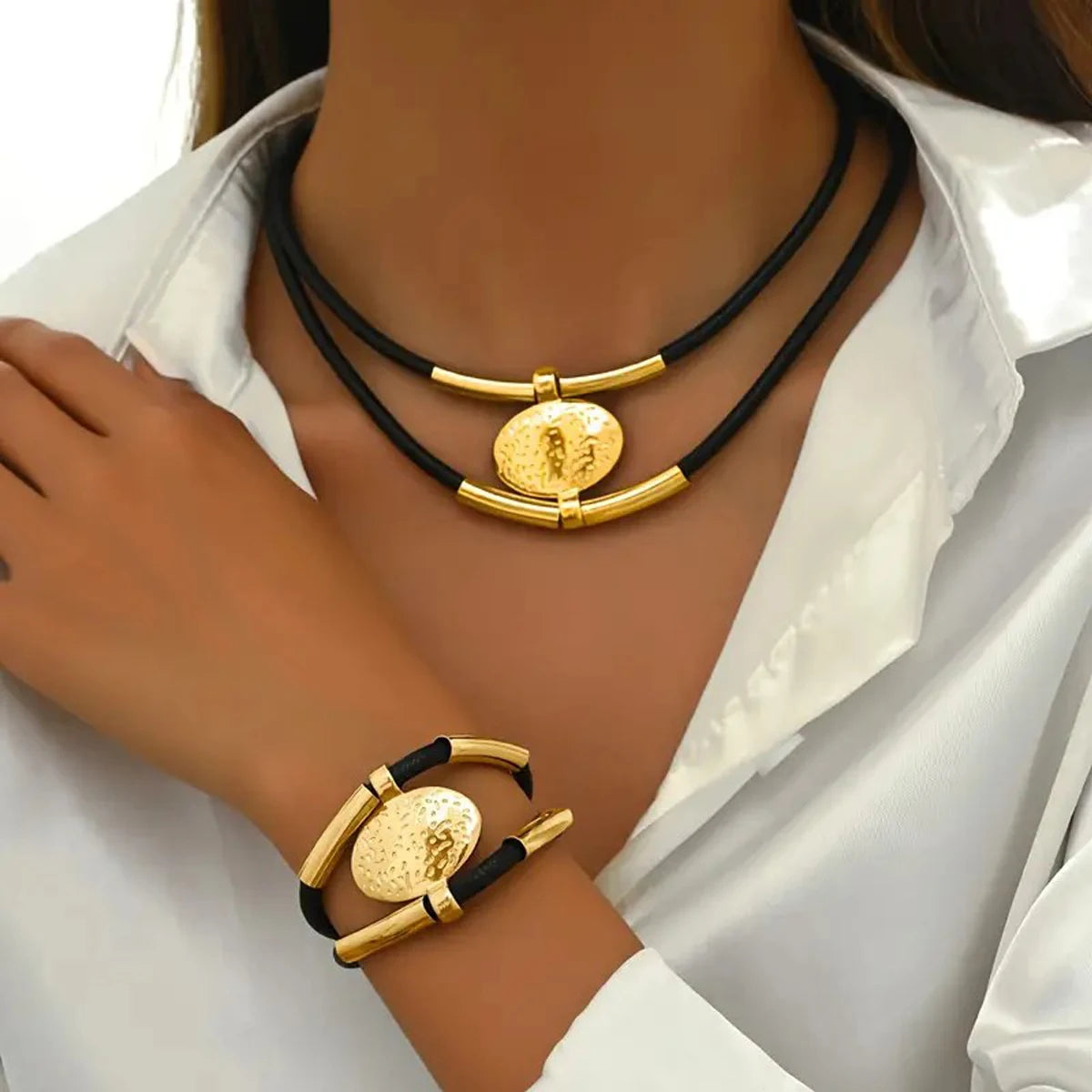 Vintage Oval Metal & Faux Leather Necklace and Bracelet Set