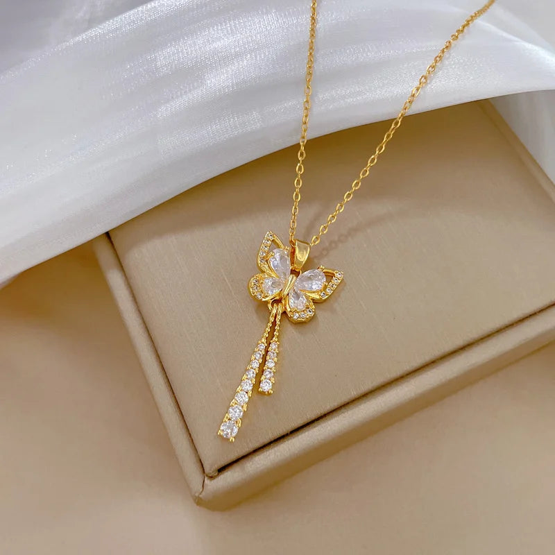 RINHOO Micro Inlaid Zircon Butterfly Tassel Necklace