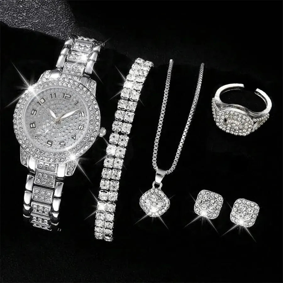 Elegant 6PCS Women’s Crystal Watch & Jewelry Set